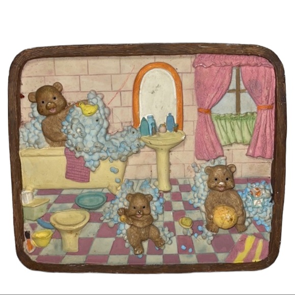 Other - Vintage Teddy Bear Bathing Ceramic Wall Plaque 3D Textured